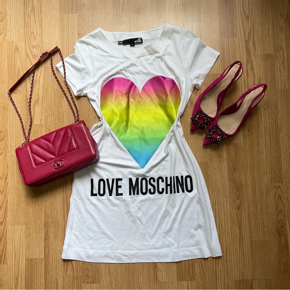 Love Moschino White Cotton Dress with rainbow heart logo - Picture 6 of 9